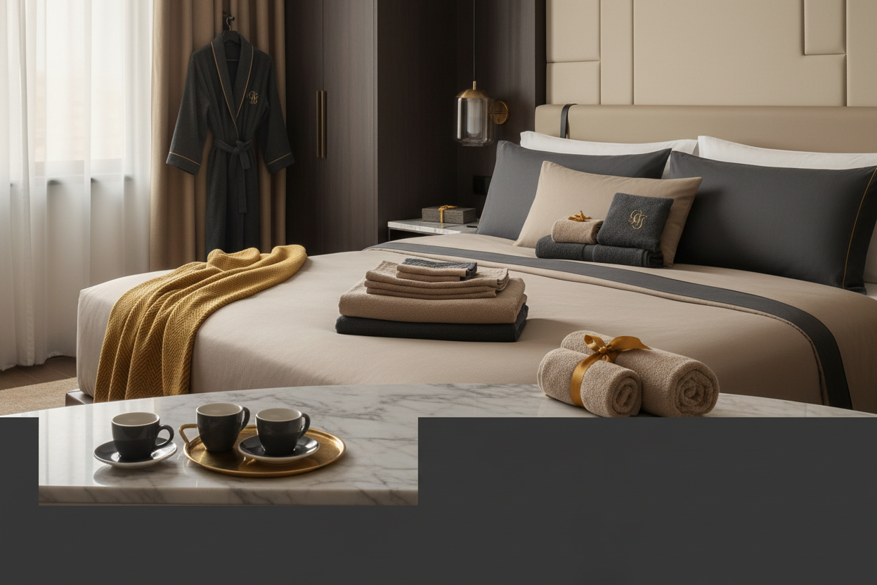 Textiles personnalisés haut de gamme pour hôtellerie et conciergerie - Collection COCO PYLA avec logo brodé et sublimé