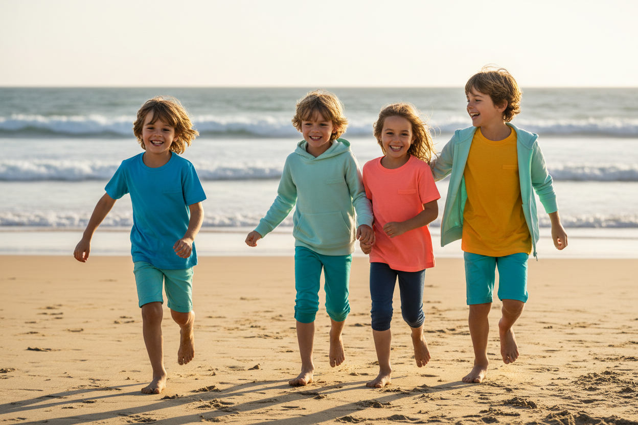 Photo lifestyle de vêtements enfant personnalisables : t-shirts colorés et sweats à capuche disposés sur fond clair et moderne, style COCO PYLA Biscarrosse Plage, ambiance côtière et familiale